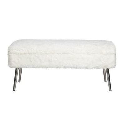 White plush bench with silver metal legs.