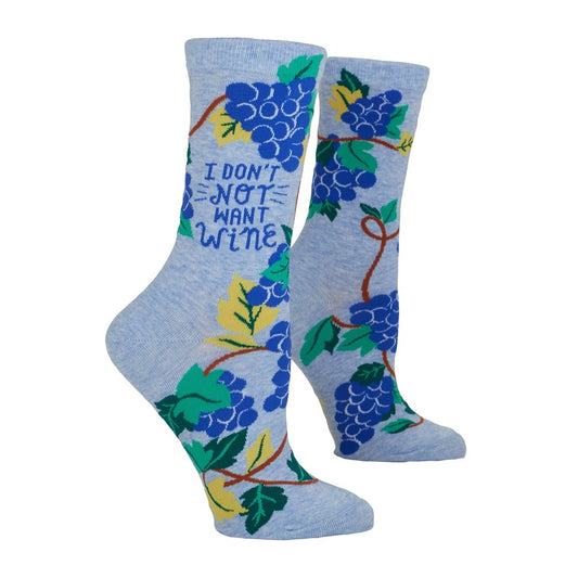 Blue socks with grapevine design and "I don't not want wine" text.