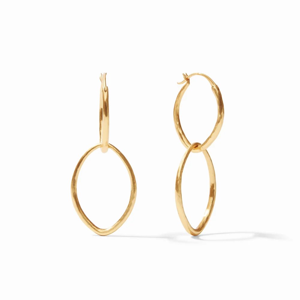 Pair of gold hoop earrings with linked oval drops on a white background.