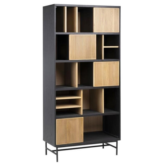 Modern shelf with mixed open and closed wooden compartments.