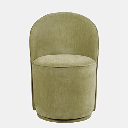 Olive green, round upholstered chair with a curved backrest on a white background.