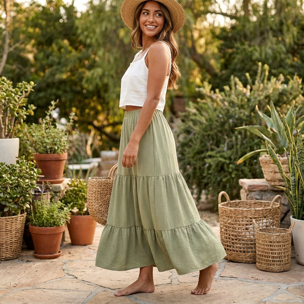 Woman in garden, wearing hat, white top, green skirt, smiling.