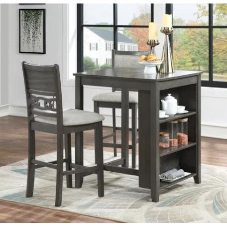 Modern dining set with storage shelves, candles, and fall scenery outside.