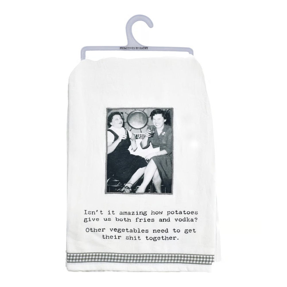 Towel with vintage photo and humorous potato quote.