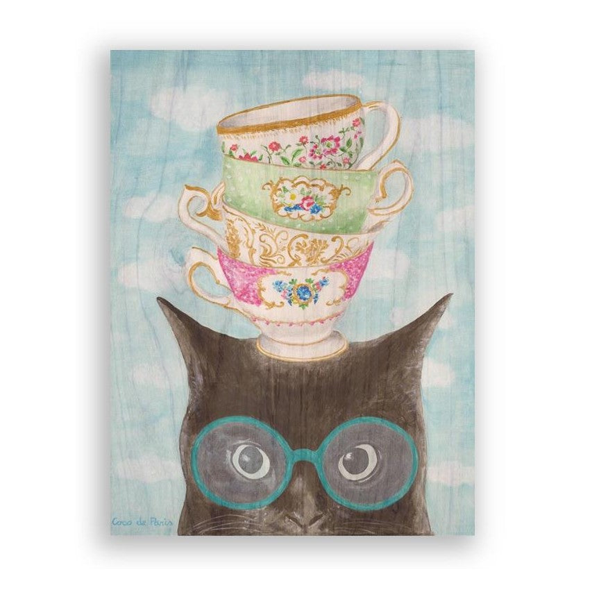 Picture of "Cat with Teacups" Wood Block Art Print