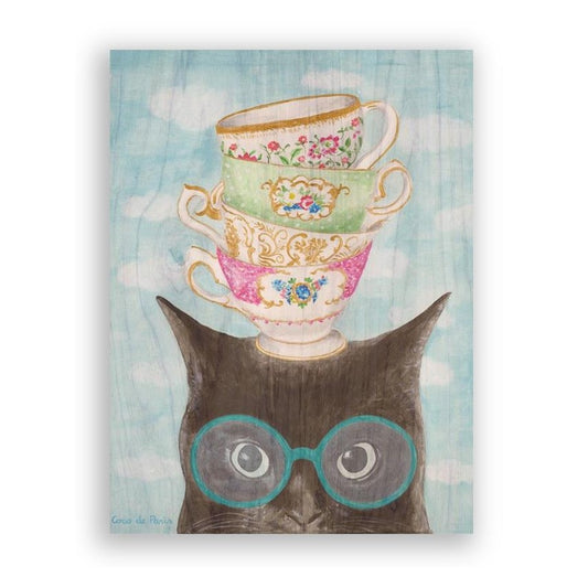 Picture of "Cat with Teacups" Wood Block Art Print