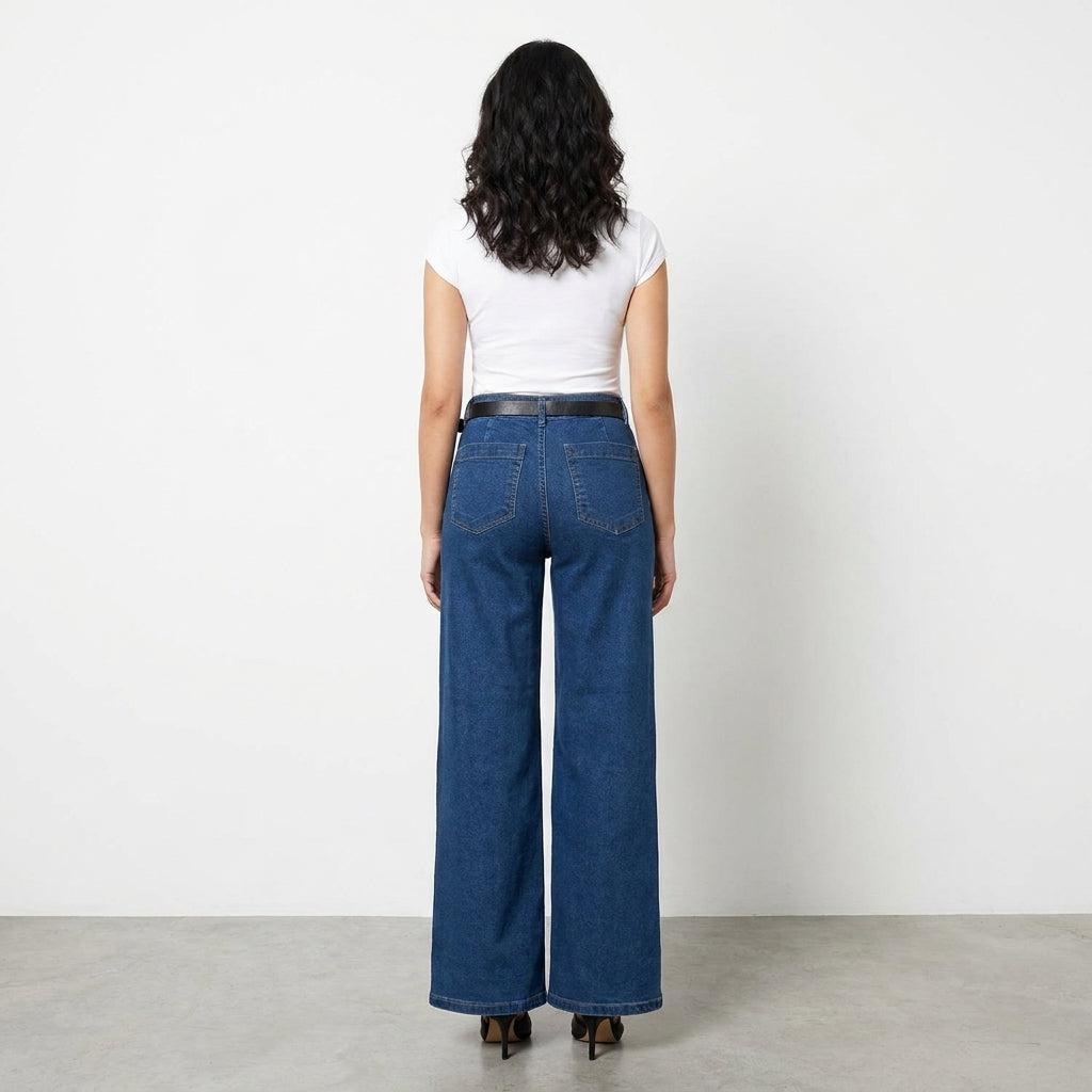 Person in white top and blue jeans, standing against a plain white background.