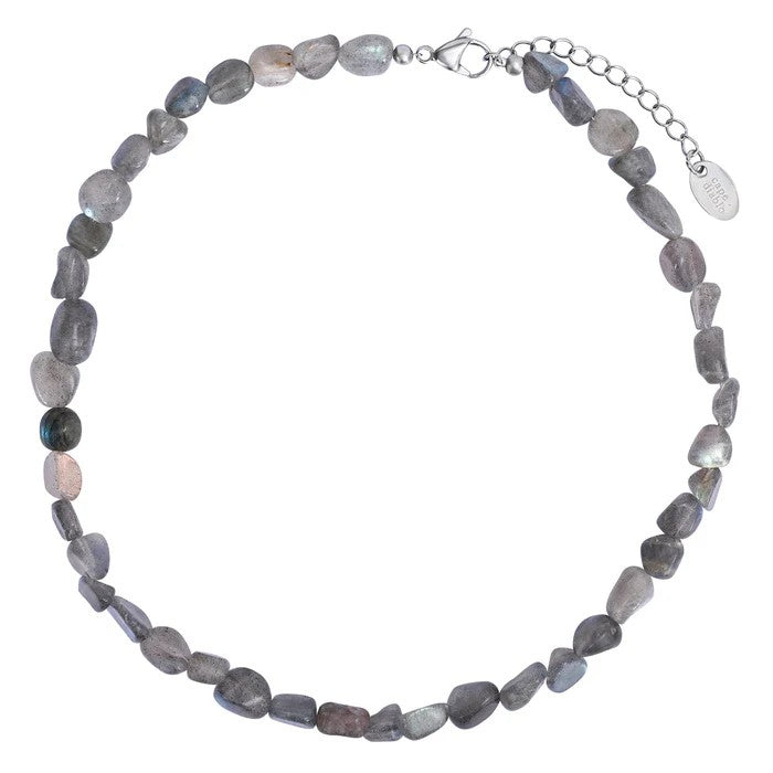 Beaded necklace with gray stones and a metal clasp.