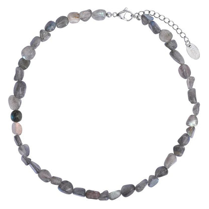 Beaded necklace with gray stones and a metal clasp.