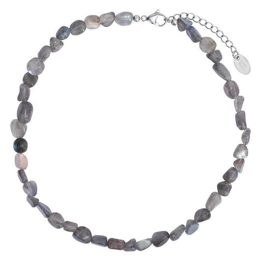 Beaded necklace with gray stones and a metal clasp.