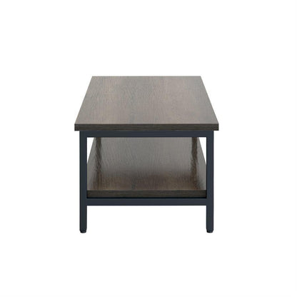 Modern wooden table with metal frame and lower shelf.