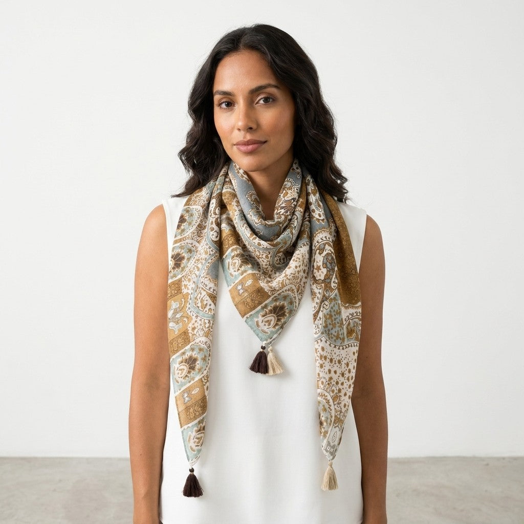 Woman in white top with a patterned scarf.