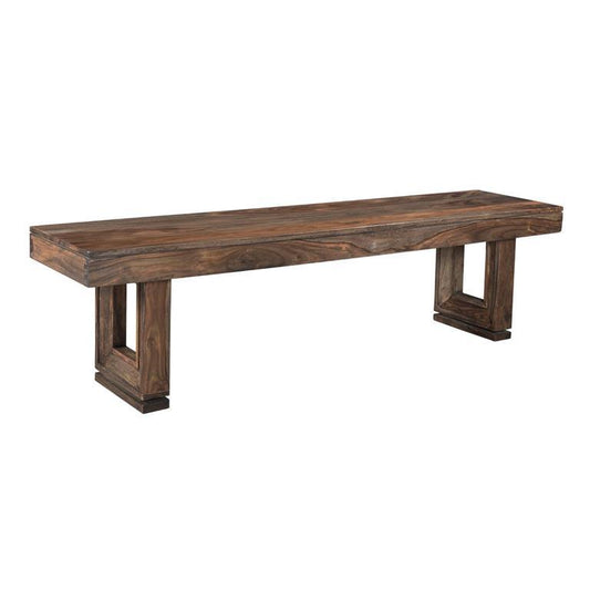 Wooden bench with a rectangular top and geometric legs.
