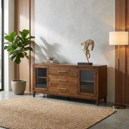 Dark wood sideboard with open drawers and glass cabinet doors.