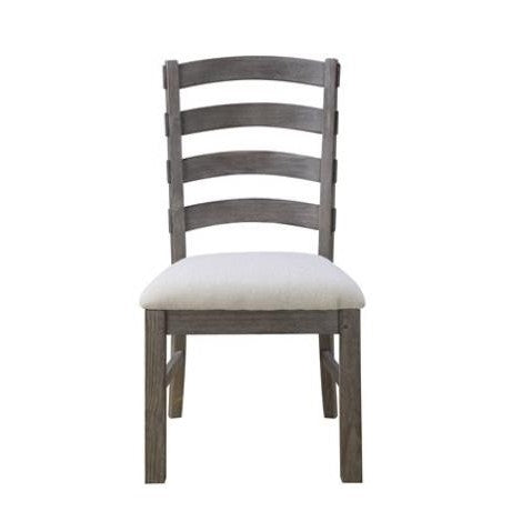Wooden chair with a ladder back and padded seat, front view.