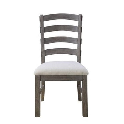 Wooden chair with a ladder back and padded seat, front view.