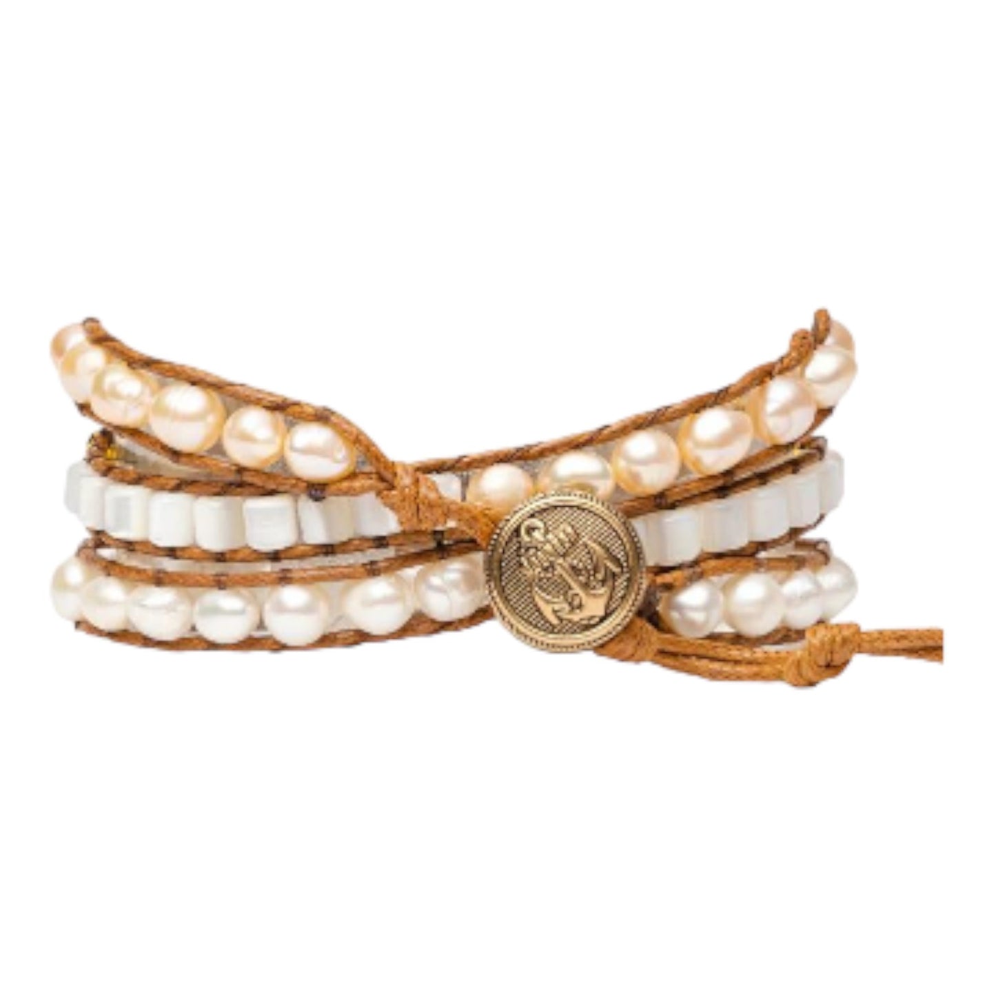 Wrap bracelet with pearls, gold button, and leather cord.