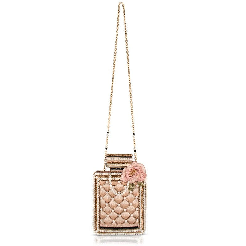 Elegant beaded perfume bottle bag with flower detail and chain strap.