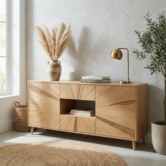 Wooden sideboard with pampas, gold lamp, and books, set against a light wall.