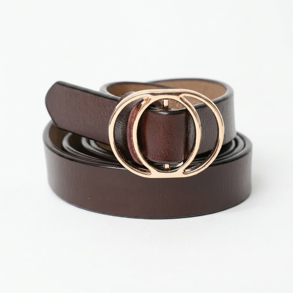 Brown leather belt with a gold double-ring buckle.