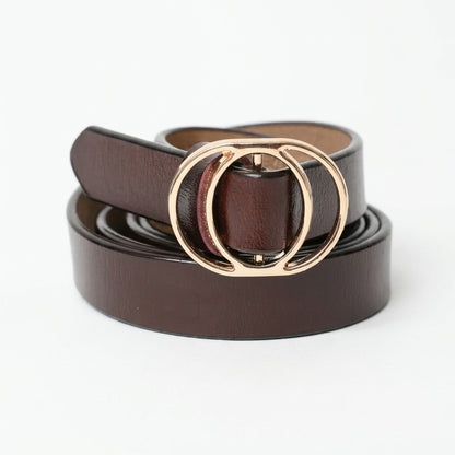 Brown leather belt with a gold double-ring buckle.