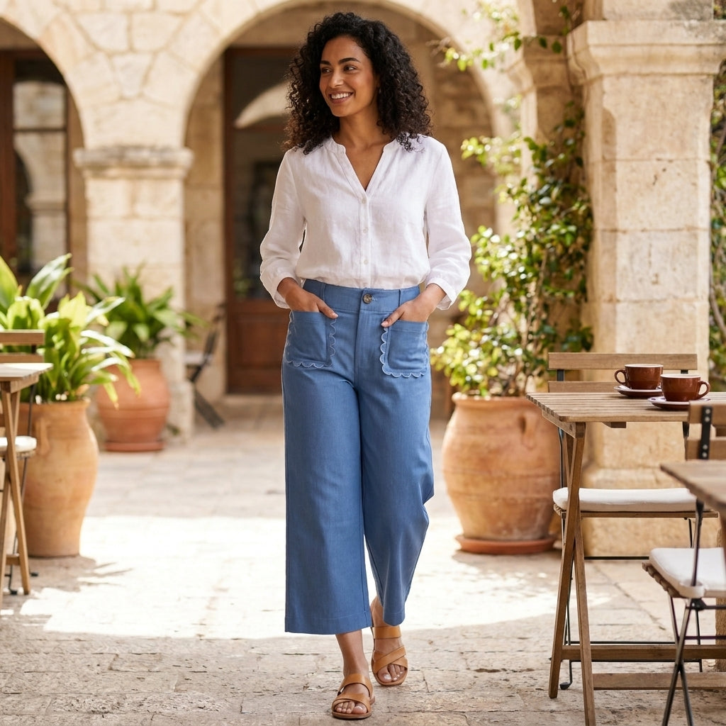 Woman in a casual outfit walking through a sunny courtyard.