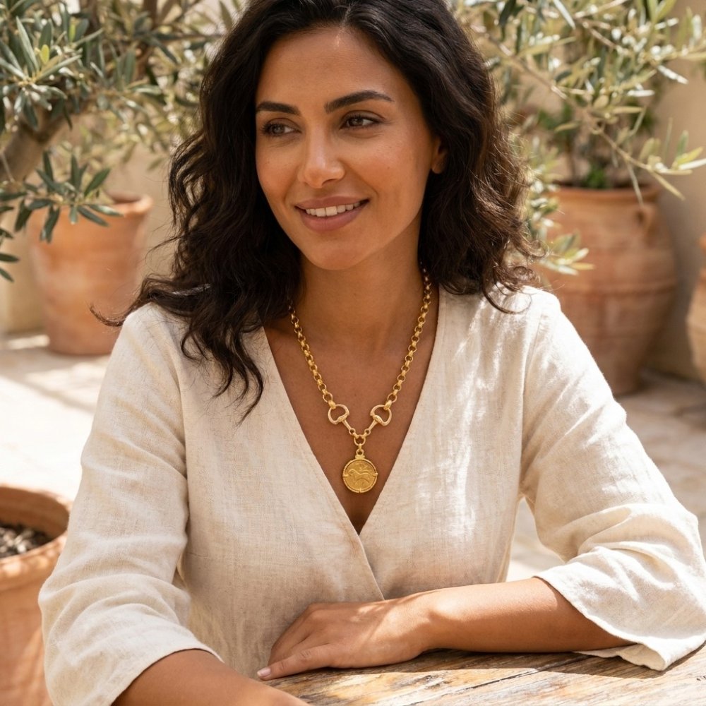 A woman in a cream blouse smiles outdoors among potted plants, wearing a gold pendant necklace.