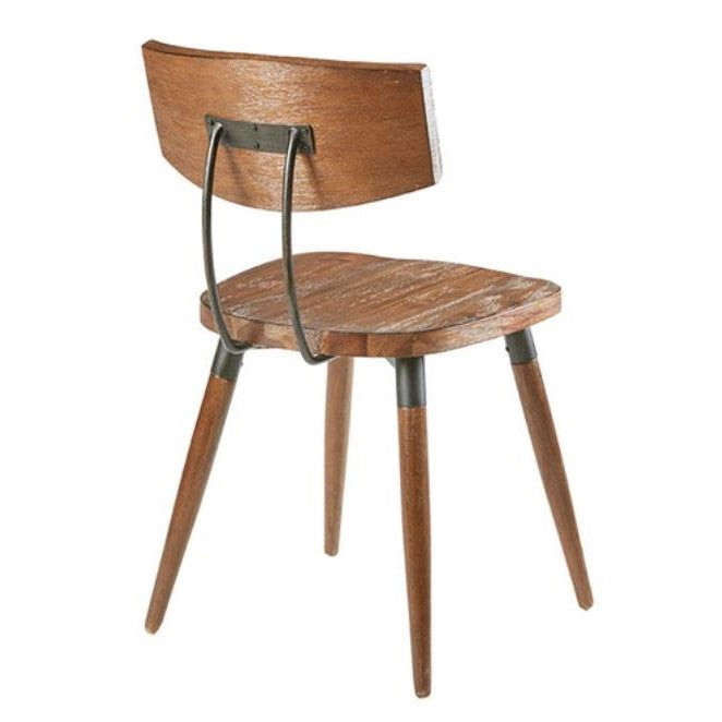 Wooden chair with metal supports and angled legs.