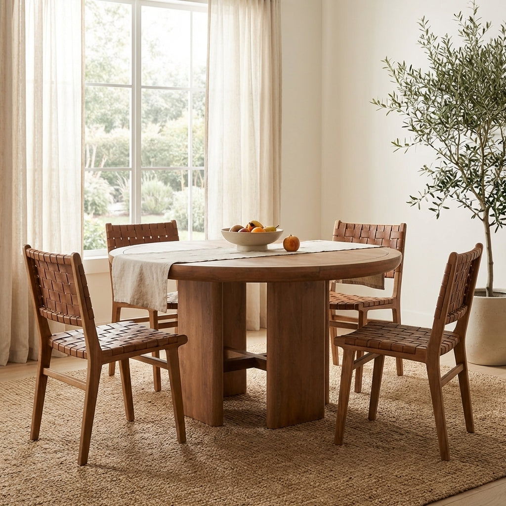 Round wooden table with unique block-style legs.