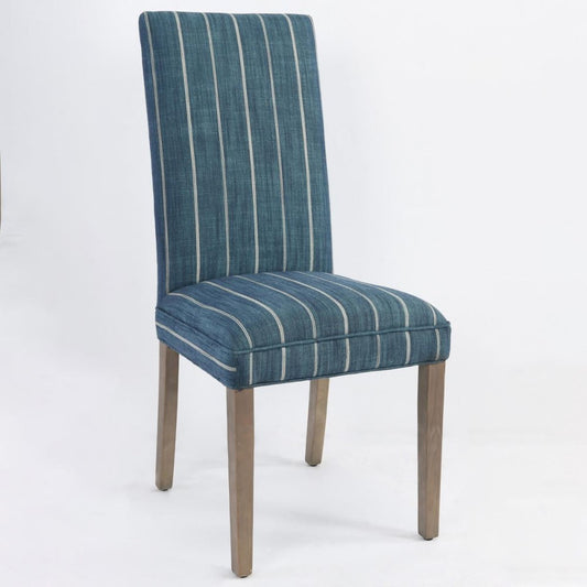 Blue striped chair with wooden legs on a white background.