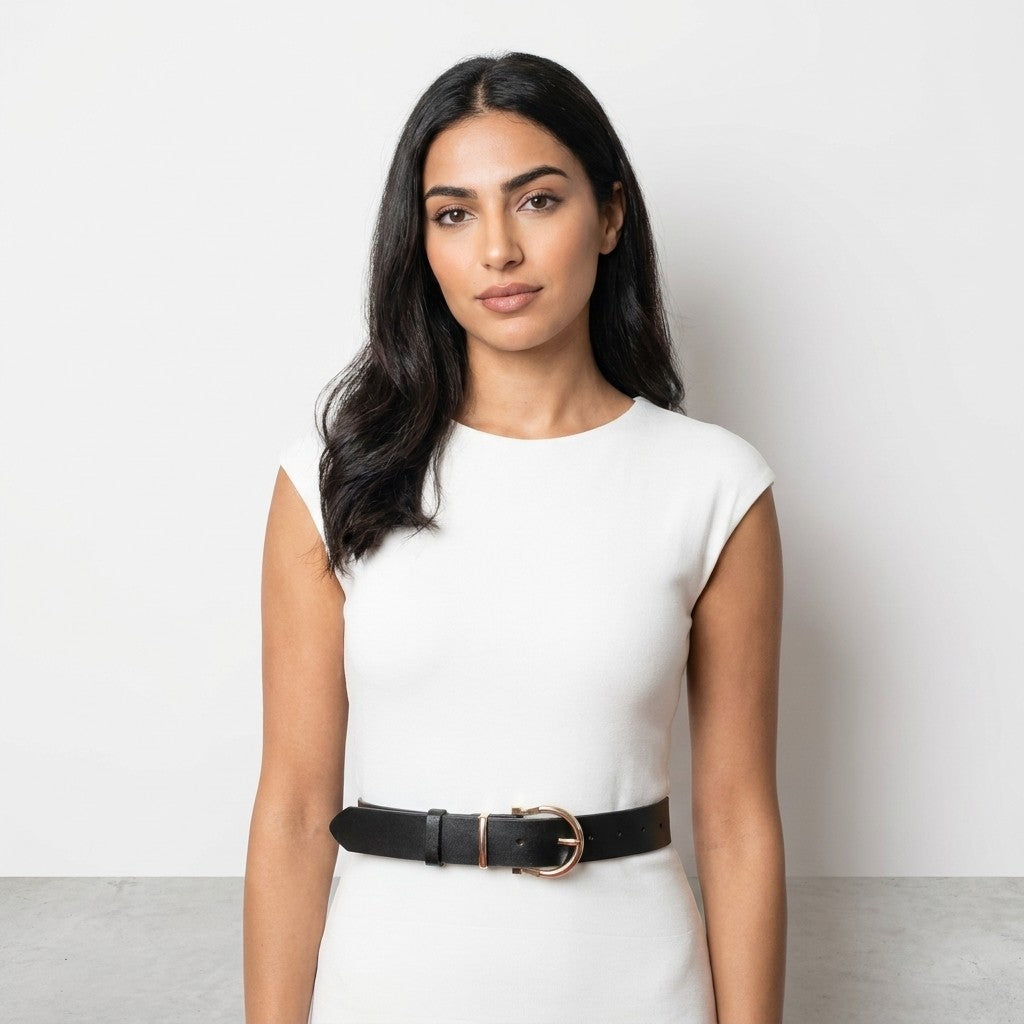 Woman in white dress with black belt, standing confidently against a neutral background.