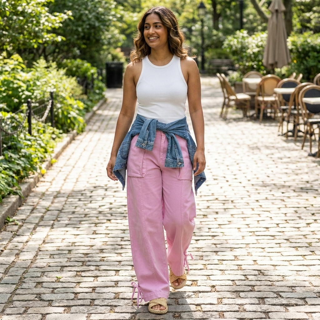 Woman in casual attire walks on a cobblestone path in a sunny park.