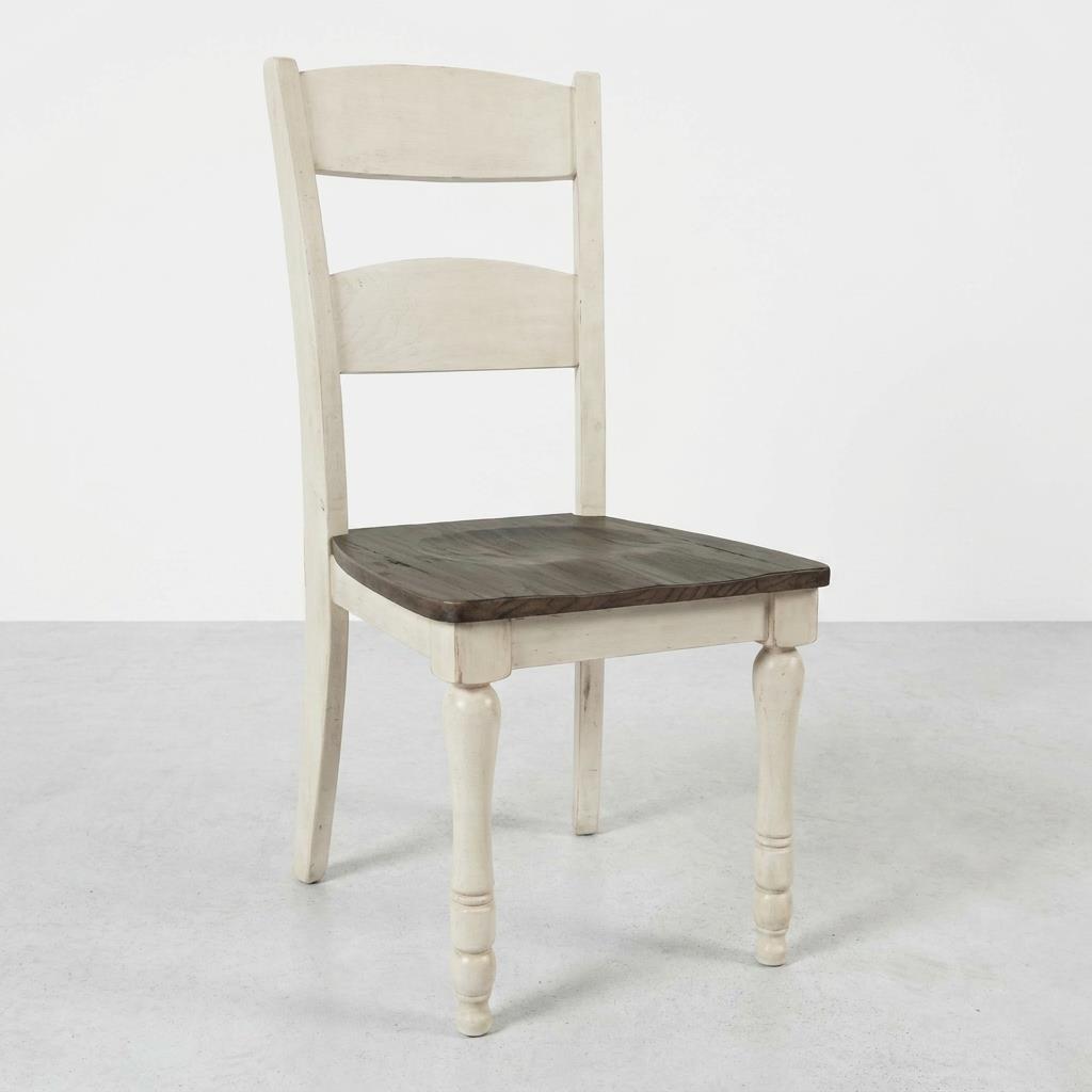 Wooden chair with a dark brown seat and light cream backrest.
