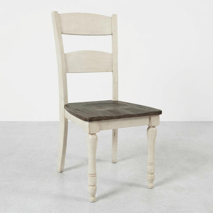 Wooden chair with a dark brown seat and light cream backrest.