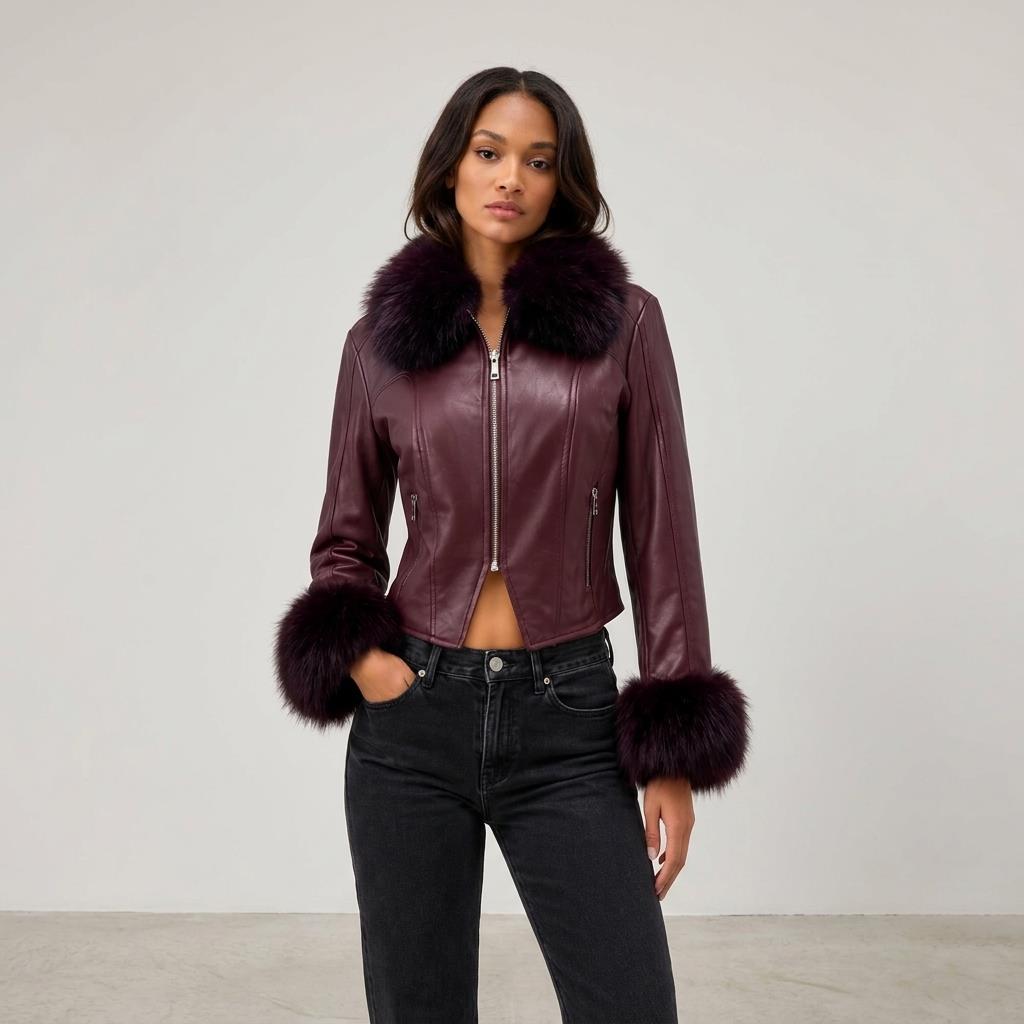 A model wears a burgundy leather jacket with a plush fur collar and cuffs.
