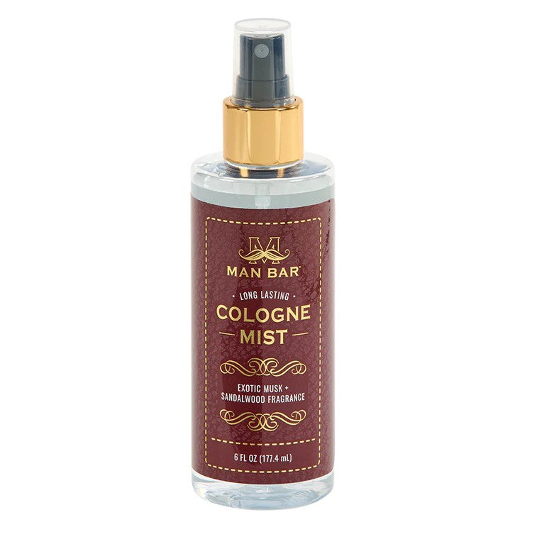 Cologne mist bottle with brown label and gold cap.