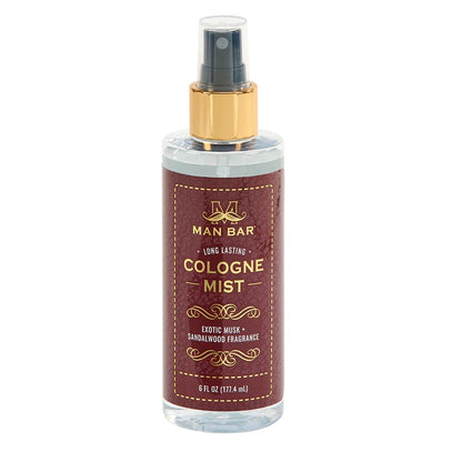 Cologne mist bottle with brown label and gold cap.