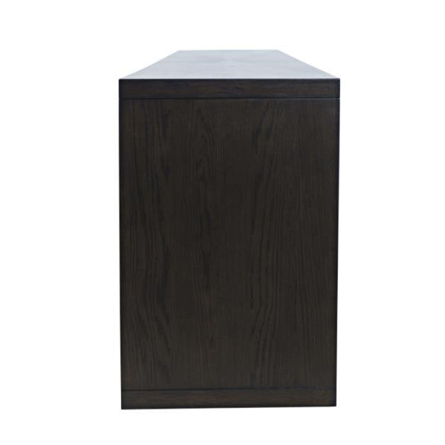 Side view of a dark wood cabinet.
