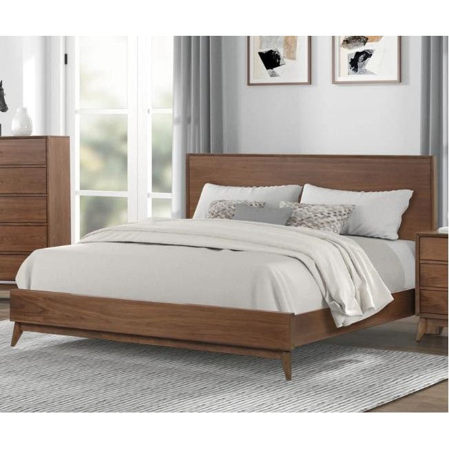 Stylish bedroom with wooden bed, soft bedding, and modern decor.