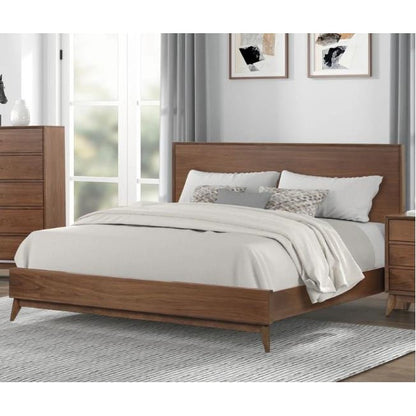 Stylish bedroom with wooden bed, soft bedding, and modern decor.
