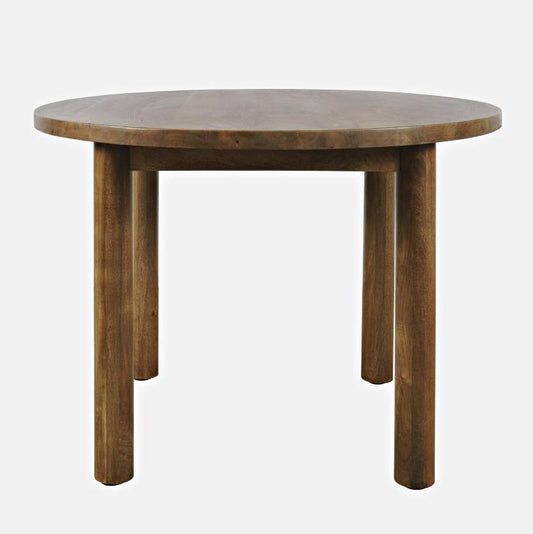 Round wooden table with four sturdy legs.