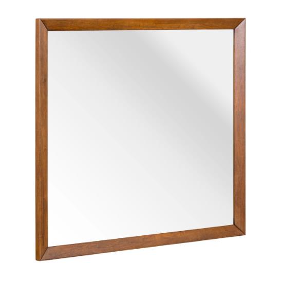Square mirror with a wooden frame against a white background.