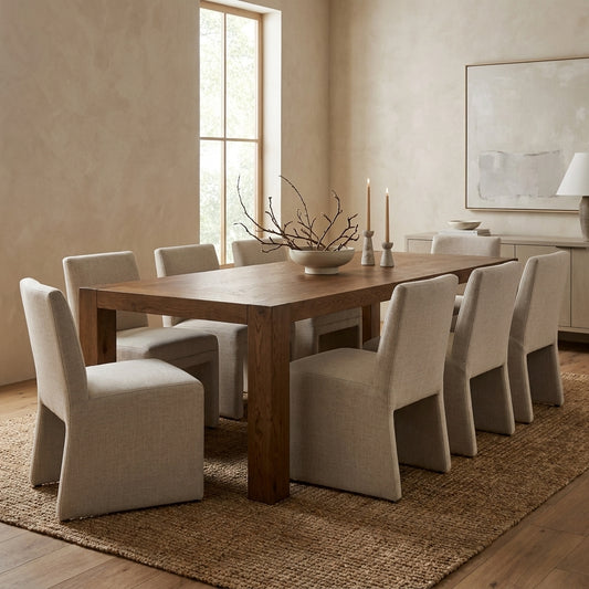 Minimalist dining room with wooden table, beige chairs, and natural decor.