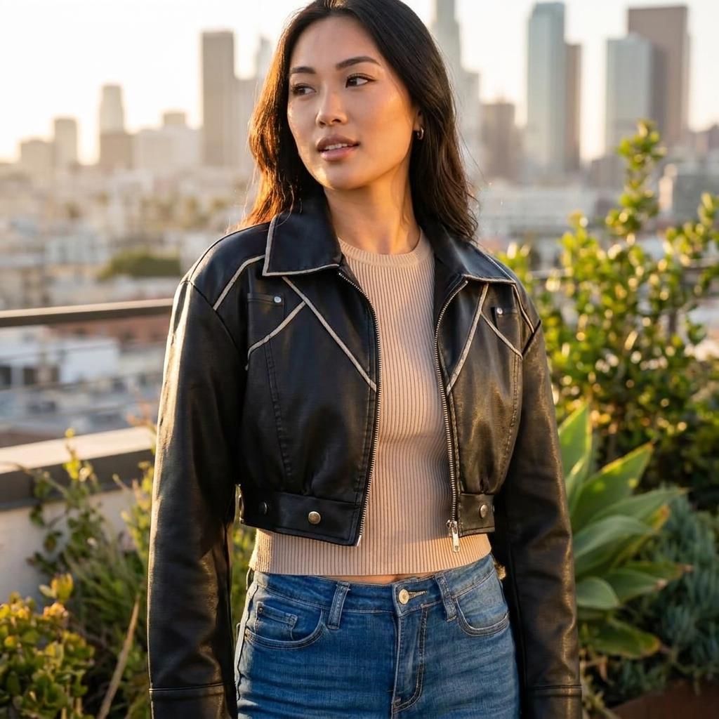A woman in a black leather jacket looks across a rooftop garden at sunset.