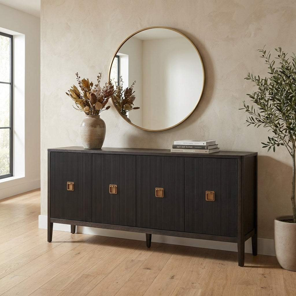 Sleek black cabinet with four doors and square handles.