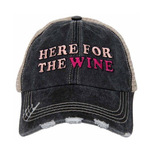 Black cap with "Here for the Wine" embroidered on front.
