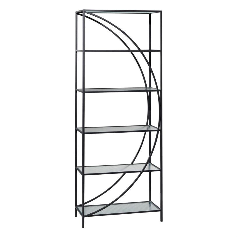 Modern black metal and glass bookshelf with curved design.