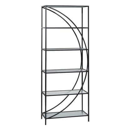 Modern black metal and glass bookshelf with curved design.