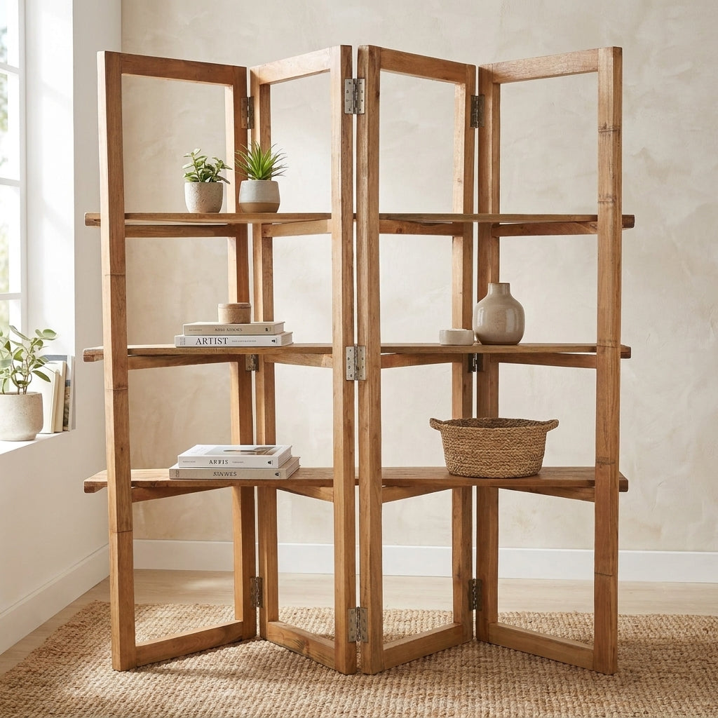 Wooden folding shelf with multiple tiers and hinges.