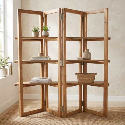Wooden folding shelf with multiple tiers and hinges.